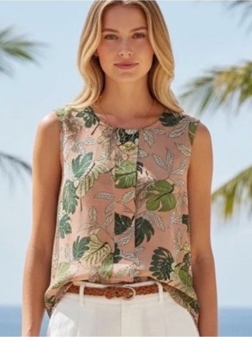 CAbi Pink Sleeveless Leaf-Print Camisole